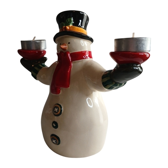 Vintage Russ Berrie Christmas Snowman Double Candle Holder w/ Candles - Picture 3 of 12